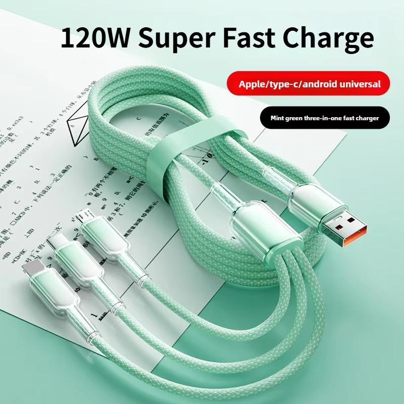 3 In 1 USB Fast Charging Cable 120w Type C Micro IOS Multi Charger Cable for Smart Phone 1.2m