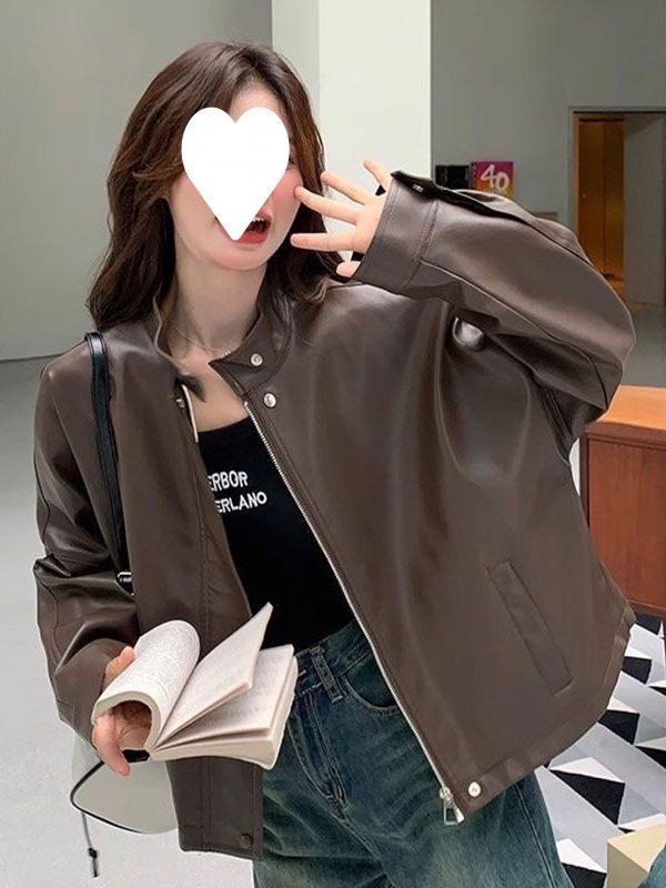 Autumn Winter Casual Fashion Simple All-match PU Leather Jacket Women Vintage Street Style Zipper Coat Top