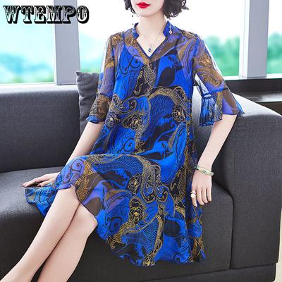 Female Summer Retro Chiffon Dress Loose Print Simulation Silk Mid-length Dresses