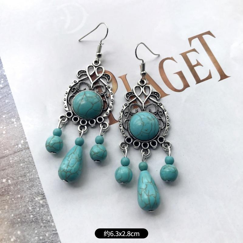 Temperament Retro Turquoise Earrings, Ancient Silver Water Drop Fringed Earrings, Women's Versatile Long Ear Jewelry