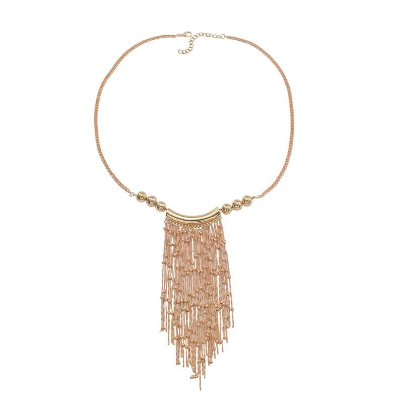 Layered Tassel Beaded Alloy Necklace Women Long Statement Chain With Geometric Pendant Gold/ Lightweight Fashion Gold
