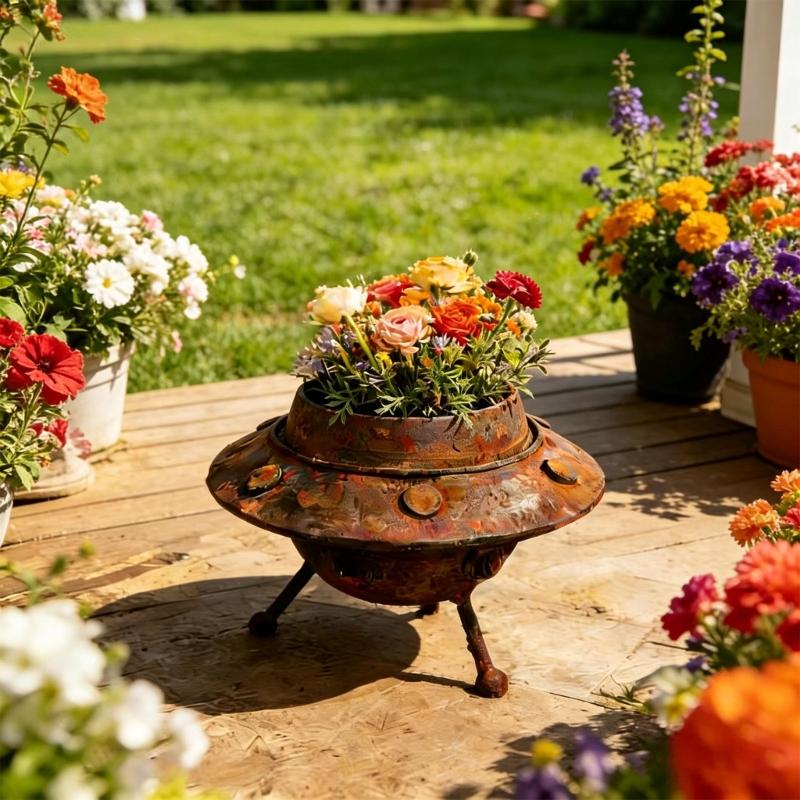 Brown Metal Flower Pot with Space Theme Shape, Small Indoor Holder for Tabletop, Windowsill, Bookshelf and Countertop Display In Everyday Rooms