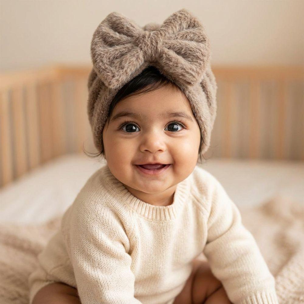 Teddy Fleece Baby Headscarf Hat Warm Newborn Autumn Winter Cap Fashion Bow Knitted Hat  Girls Boys