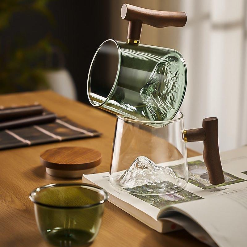 400ml Glass Tea Mug With Wood Handle Chinese Heat Resistant Puer Tea Water Separation Cups Kung Fu Tea Cup Set