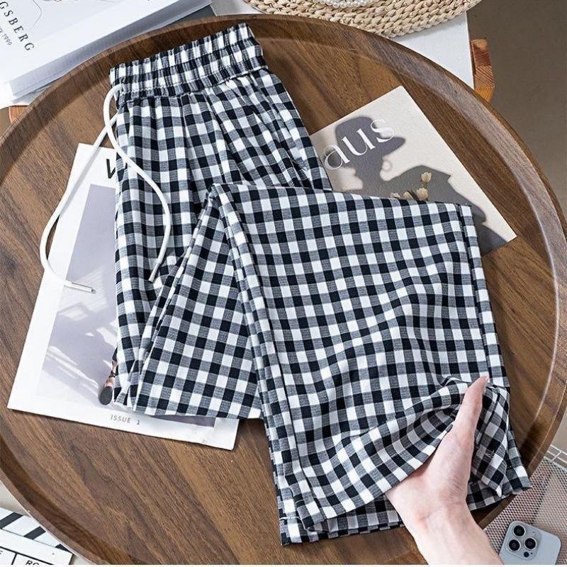 2026 Summer Women's Ice Silk Black and White Plaid Casual High-Waisted Slimming Drapey Trousers