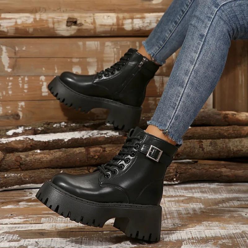 Fashion Shoes Female 2024 High Quality Side Zipper Women's Boots Fashion Front Lace-up Modern Boots Women New Belt Buckle Ankle Boots