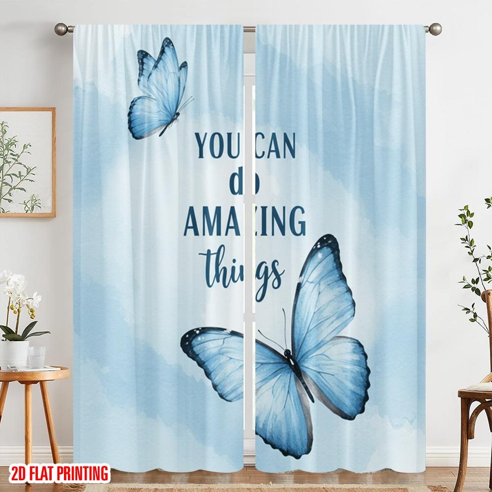2pcs 2D flat printing Window Curtains Blue Butterfly Amazing Things Fabric Without Electricity Family Party Use for Wall art