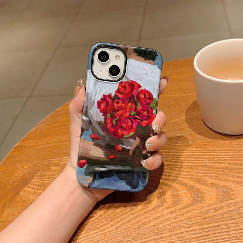 Impressionist Romantic Bouquet Red Rose Oil Painting Fine Art Film Aesthetic Protective Shockproof Bumper Case Cover For iPhone 14 15 16 Pro Max Plus