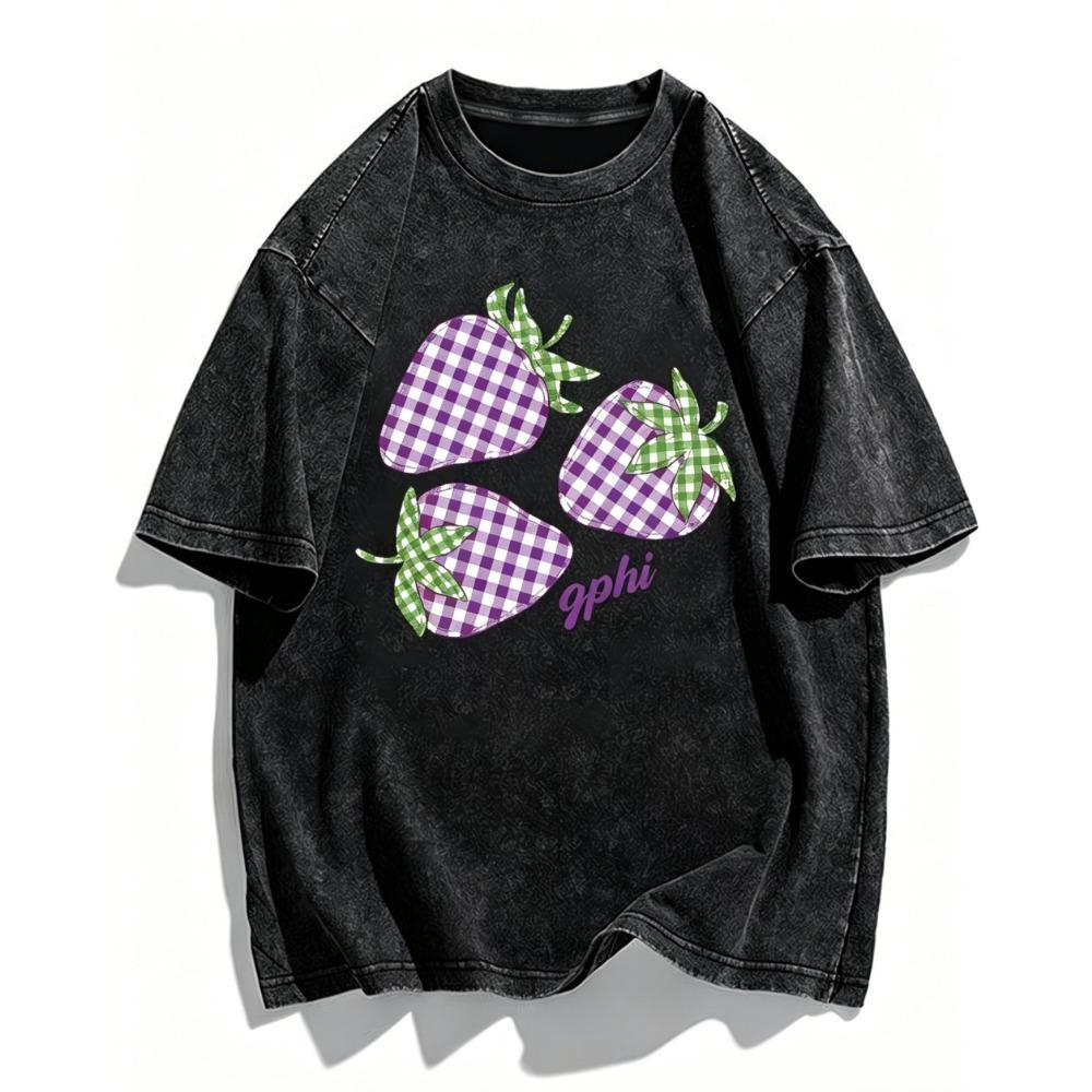 Checkered Strawberry Print T-Shirt Washed Cotton Acid Wash Graphic Tee Retro Fruit Design Top Fashionable Casual Unisex Shirts Daily Wear Cool Top