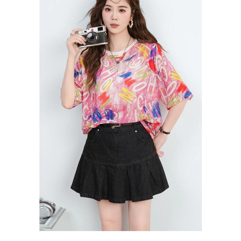 DIMANAF 2026 Plus Size Summer Beach Women Shirt T-Shirts Casual Lady Tops Tunic Tees Oversize Loose Floral Print Knitted