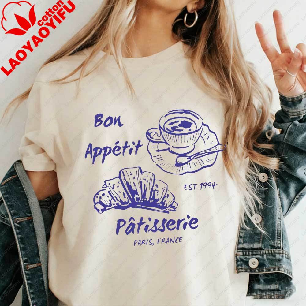 T-shirt da Donna Bon Appetit Pasticceria Parigi Francia Caffè Francese Croissant Grafica Cotone Estetica Amante del Cibo Parigino Top