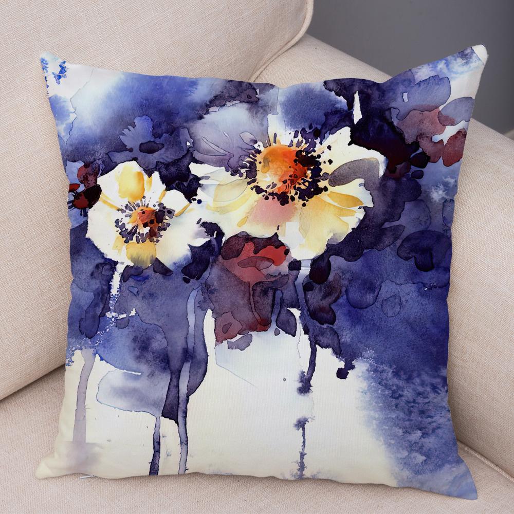 Watercolor Floral Cushion Cover Abstract Poppy Flower Art Print Soft Fabric Living Room Sofa Home Decor Pillow Case