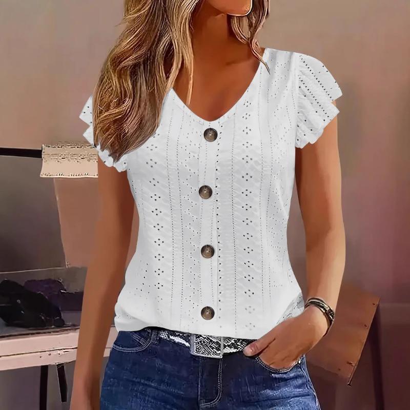 New Summer Jacquard V-neck Lace Blouse Women Solid Color Buttons T-shirt Short Sleeve Casual Top Fashion Woman Sweet Simple Elegant Shirts Loose