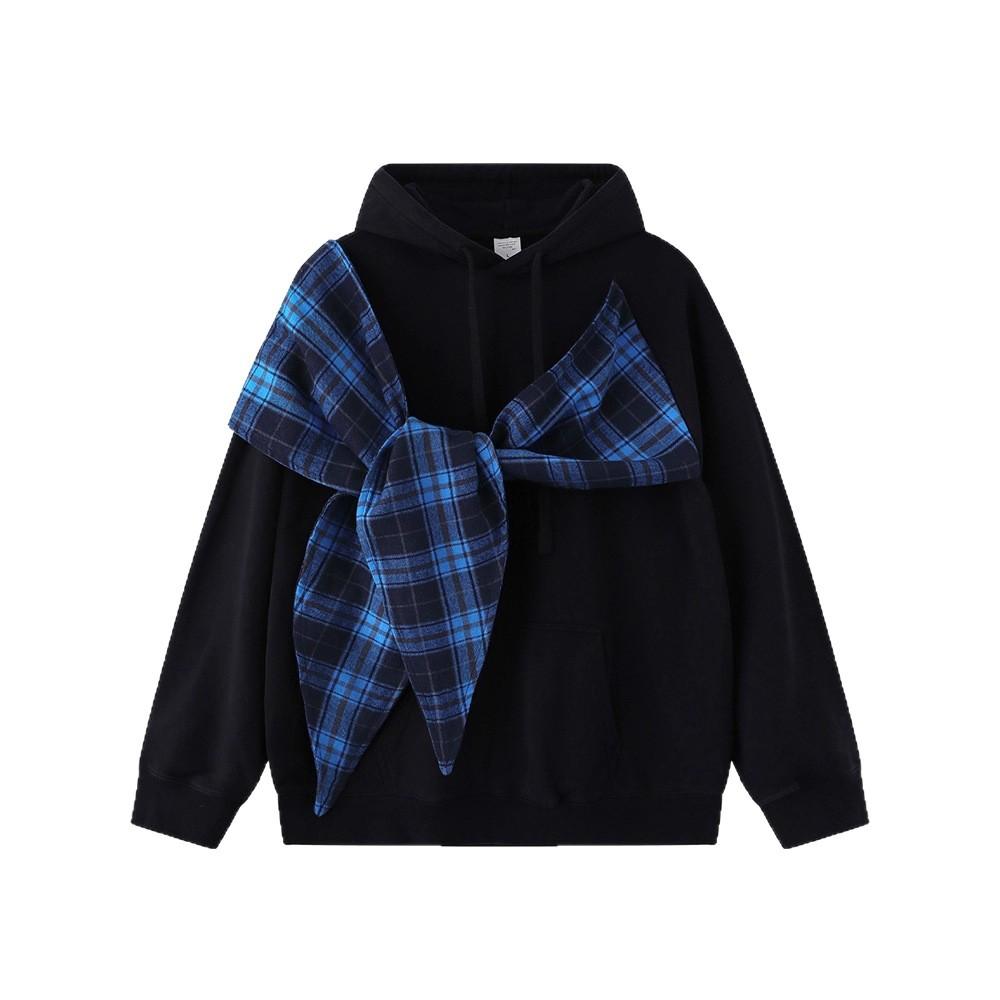 Bow Plaid Hooded Sweater Men's and Women's Trendy Brand Loose and Versatile Couple Hoodie