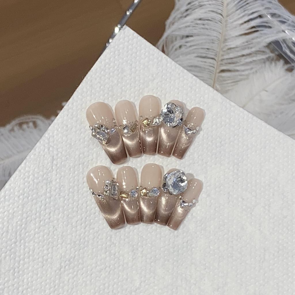 Handmade Gradient French Smiling Cat Eye Sequins Small Crushed Diamond Pile Drill Amber Caramel