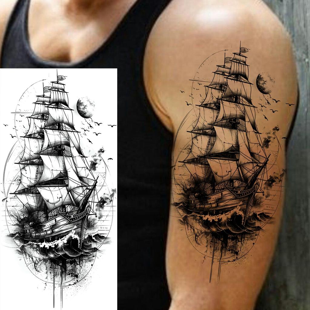 1 Foglio Impermeabile Nave Pirata Vela Tatuaggi Temporanei Per Uomo Donna Bussola Realistica Orologio Tatuaggio Finto Adesivo Lunga Durata