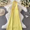 Holiday Style Sexy Backless V-neck Neck Dress for Women's Summer High Waist and Thin Pure Desire Yellow Plaid A-word Long Dress