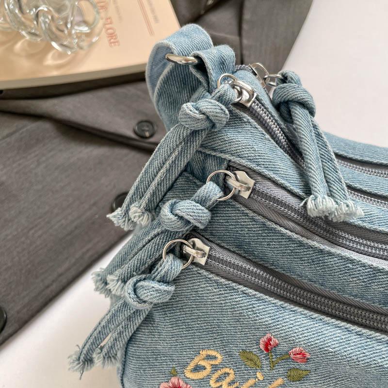 Borsa a Tracolla in Denim da Donna con Ricamo di Gattino Cartone Animato e Multi-scomparti