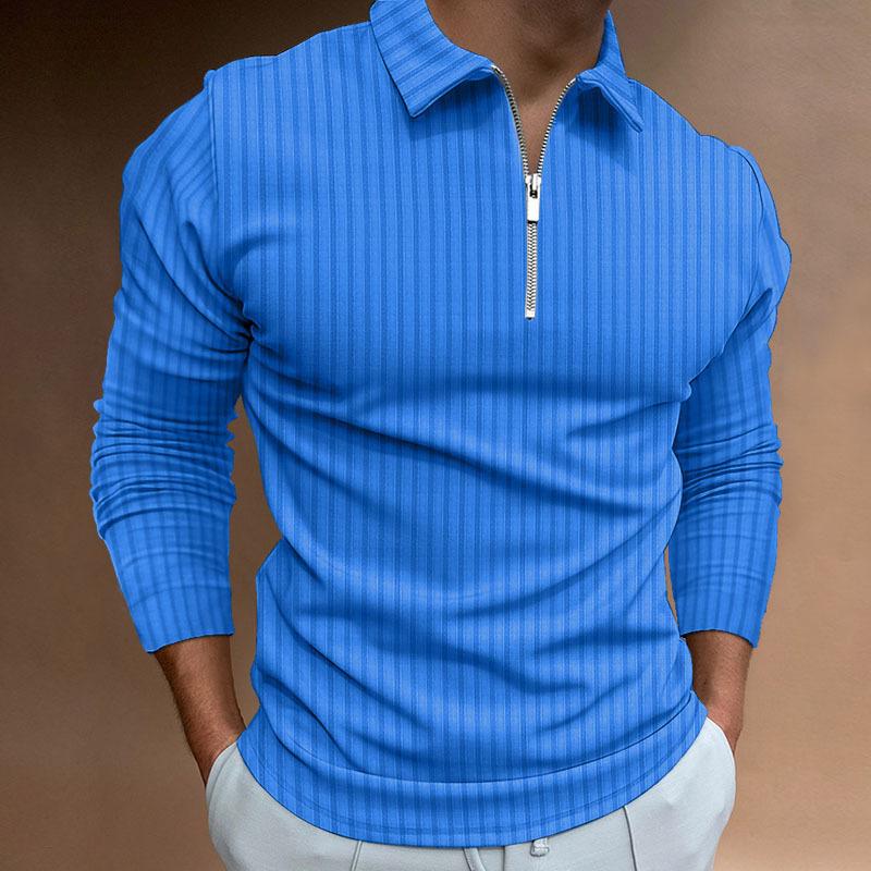 Autumn Men's Printed Solid Color Striped Zipper POLO Shirt