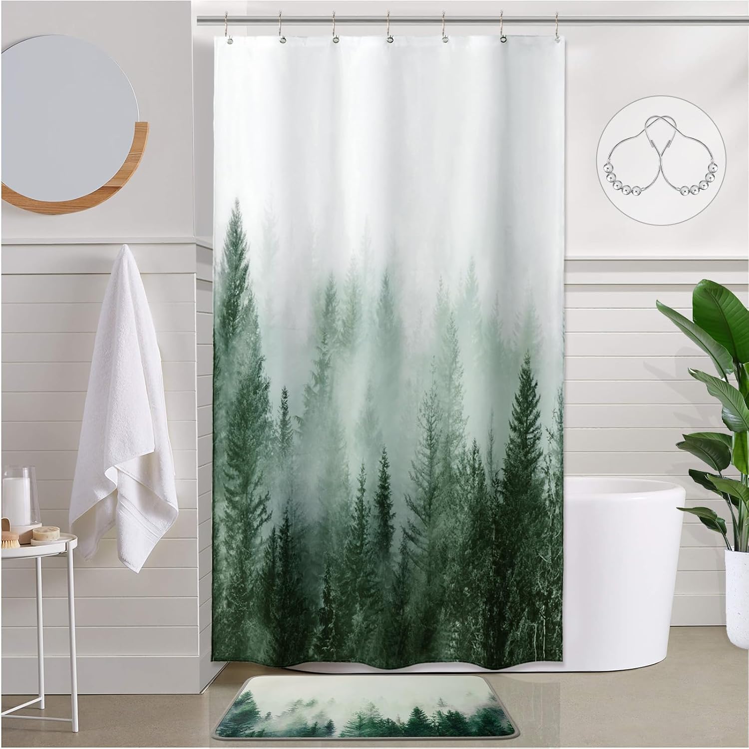 

Green Shower Curtain For Bathroom Misty Forest Pattern, Nature Woodland Artistic Shower Curtain Set With Metal Hooks, Waterproof W60H190(CM)-1 Pcs