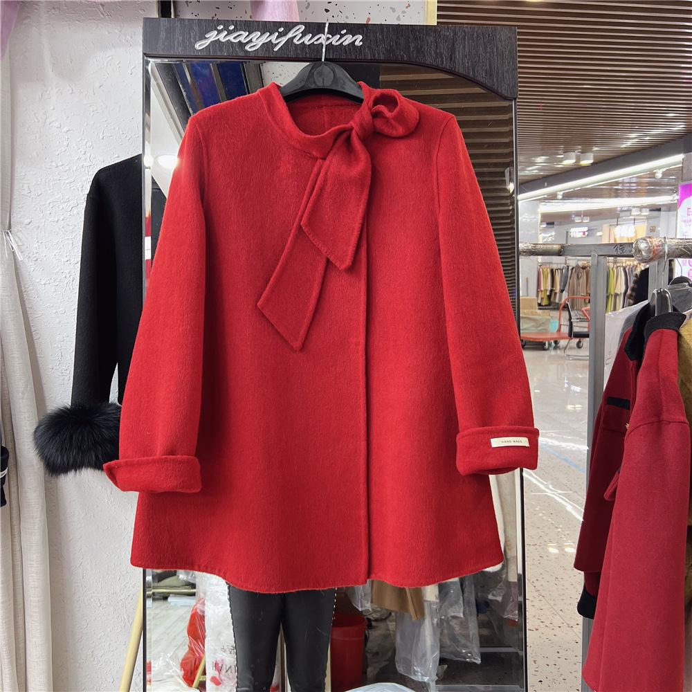 Women's Red Bow Ribbon Cashmere Coat - French Sweet Rich Girl Style, Double-Sided Woolen Petite Coat for New Year