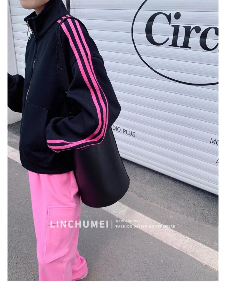 Women's Petite Pink Stand-up Collar Baseball Jacket - Sporty, Casual, for Spring and Autumn