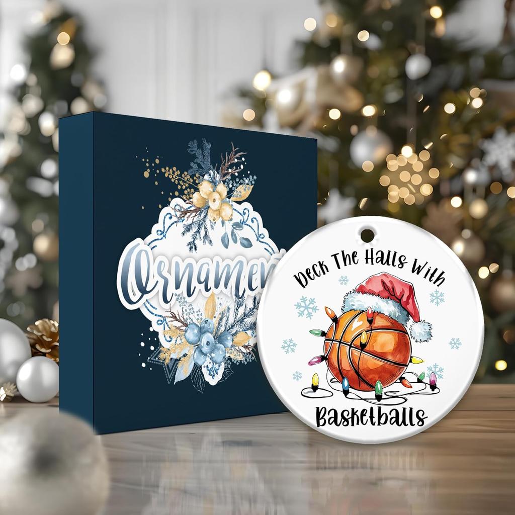 Basketball Ornament 2025, Deck The Halls with Basketballs Ornament – Santa Hat and Lights, White Elephant Gift for Players, Coaches, and Fans,