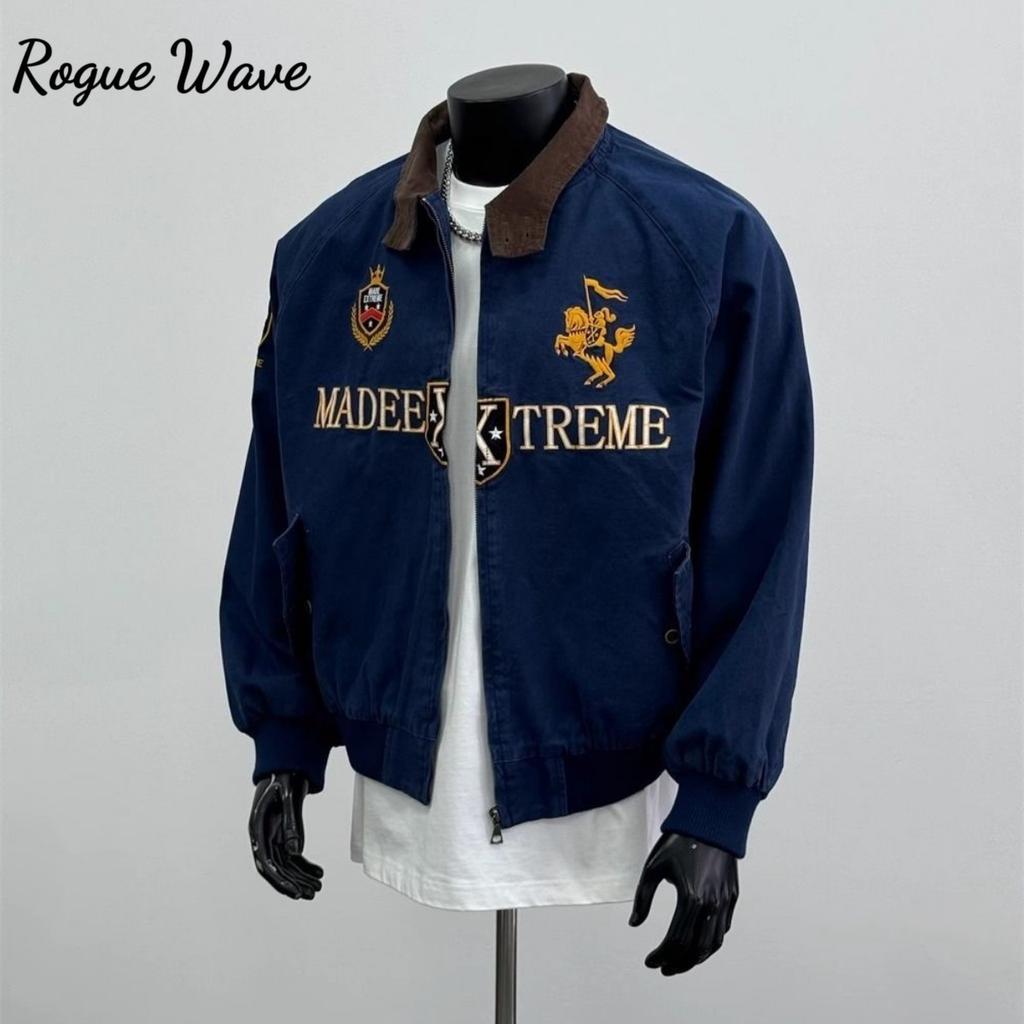 RogueWave American Retro Vintage Embroidered Trendy Zipper Jacket Men Hip Hop Lapel Bomber Jacket Y2K Streetwear Loose Casual Coats