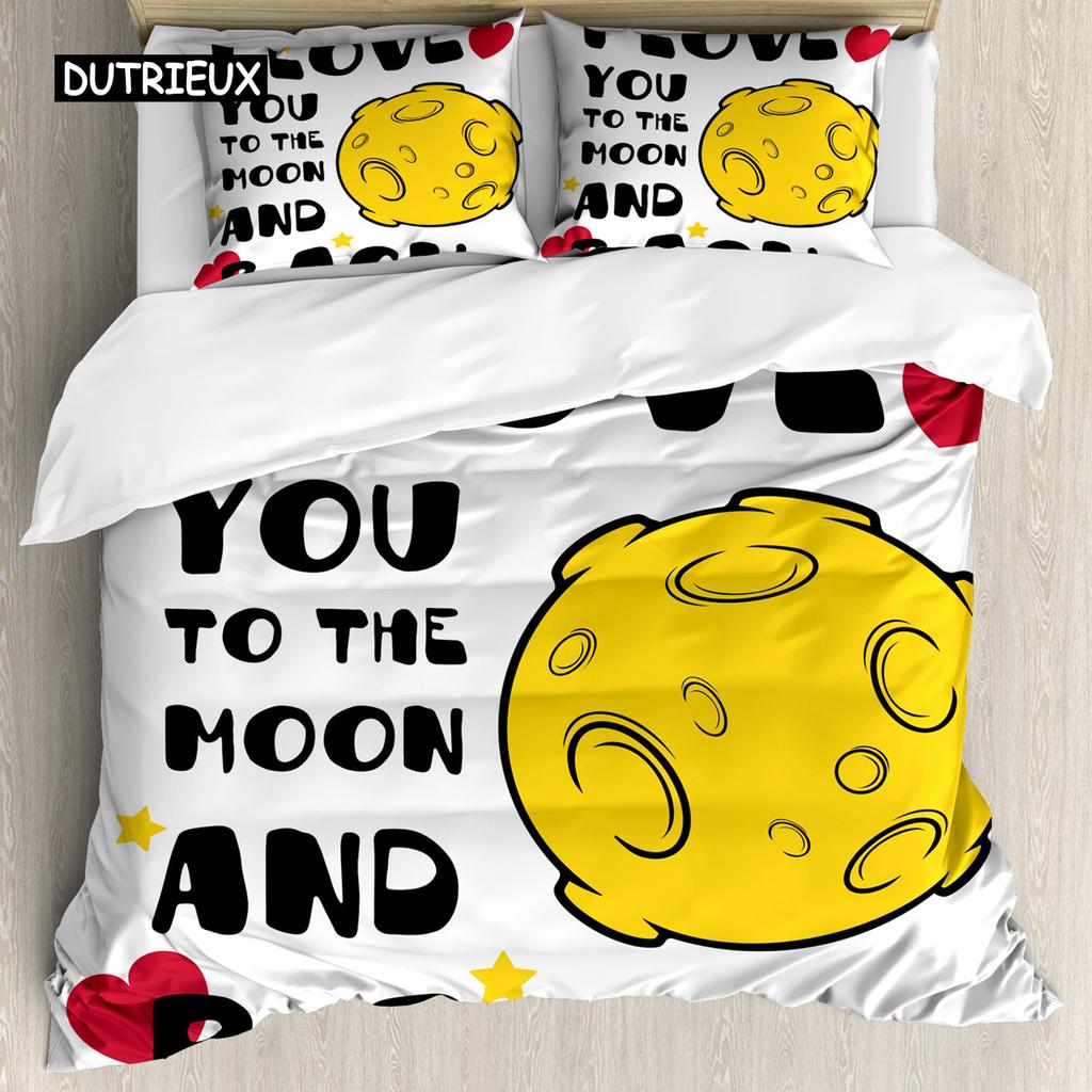 I Love You Duvet Cover Hand Drawn I Love You To The Moon and Back Words with Stars Celebration King Size Polyester Bedding Set