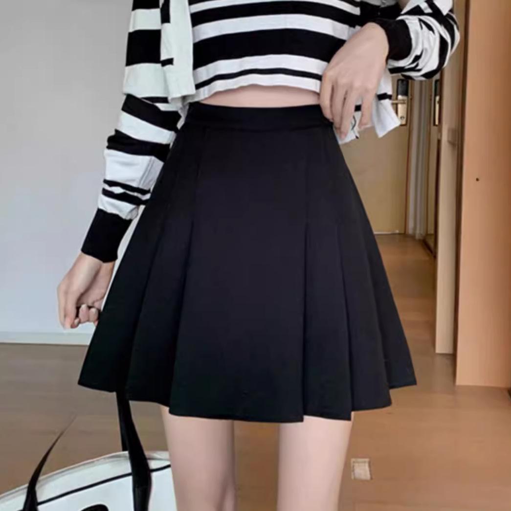 

Spring 2024 Women s Black Pleated High-Waist A-Line Skirt - Korean Fashion 2XL