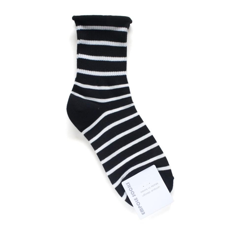 Korean Women's Mid-Calf Cotton Socks: Autumn/Winter Striped & Rolled Edge Sporty Design