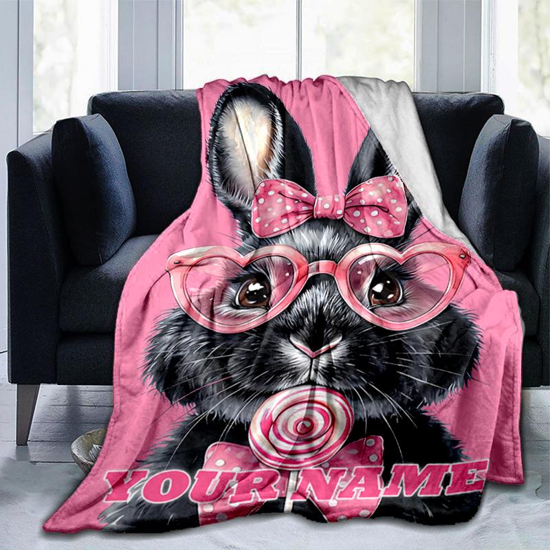 1PC Custom Name Rabbit Heart Glasses Bow Blanket Versatile,all-season Throw Suitable for the Living Room,bedroom,camping,travel,and Gift
