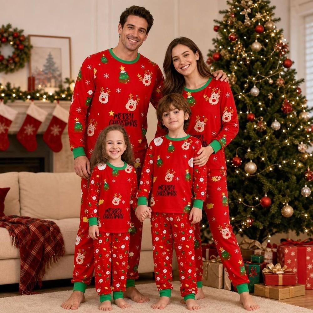 Long Sleeve Family Matching Pyjamas Printed Top+Pants Red Couple Christmas Outfit Adult Kids