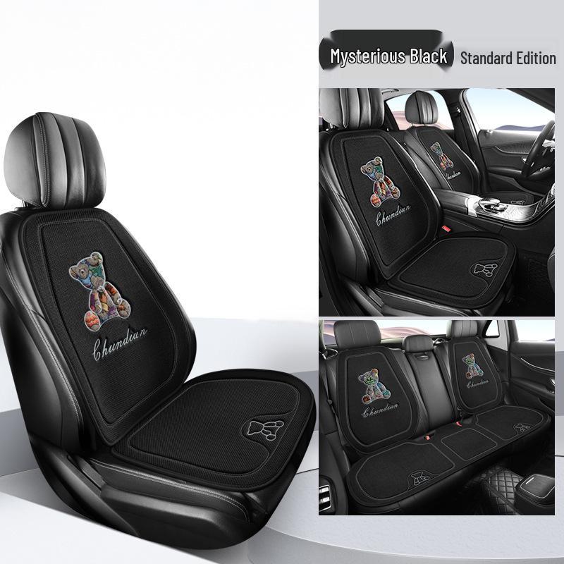Four Seasons Universal Linen Car Seat Cushion - Cartoon Bear, Breathable, Half-Wrap Rear Seat Cover