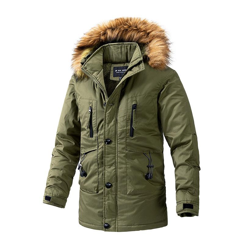 Winter fashionable warm cotton coat for men with hooded fur collar, plus velvet and thickening, windproof and warm