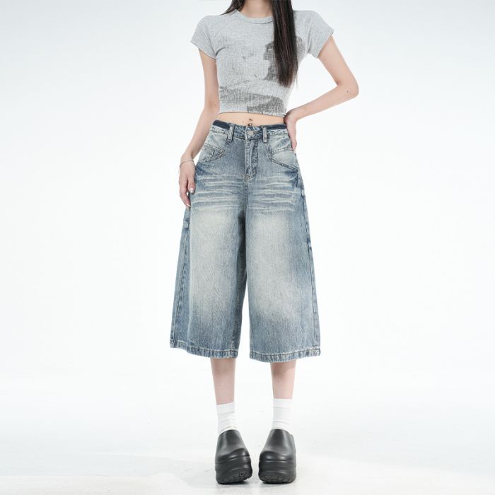 Trendy Summer Fresh Light Blue Loose Wide Leg Cropped Capri Denim Pants For Women Versatile Loose Straight Slimming Daily Wear