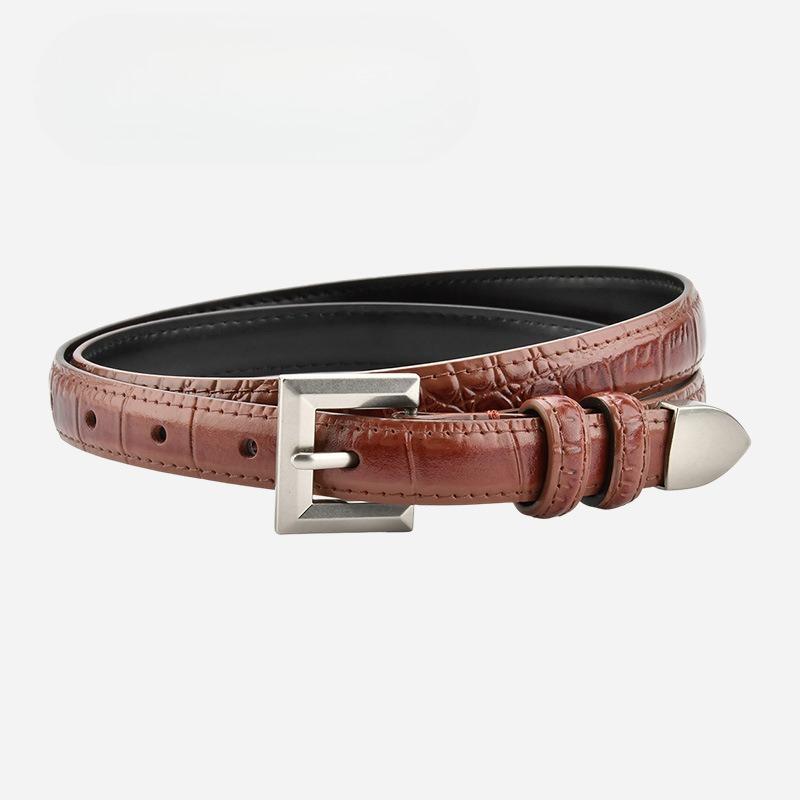 Retro Leather Small Belt Cowhide Female Student Simple and Versatile Decorative Crocodile Pattern Thin Belt Women with Suit Skirt
