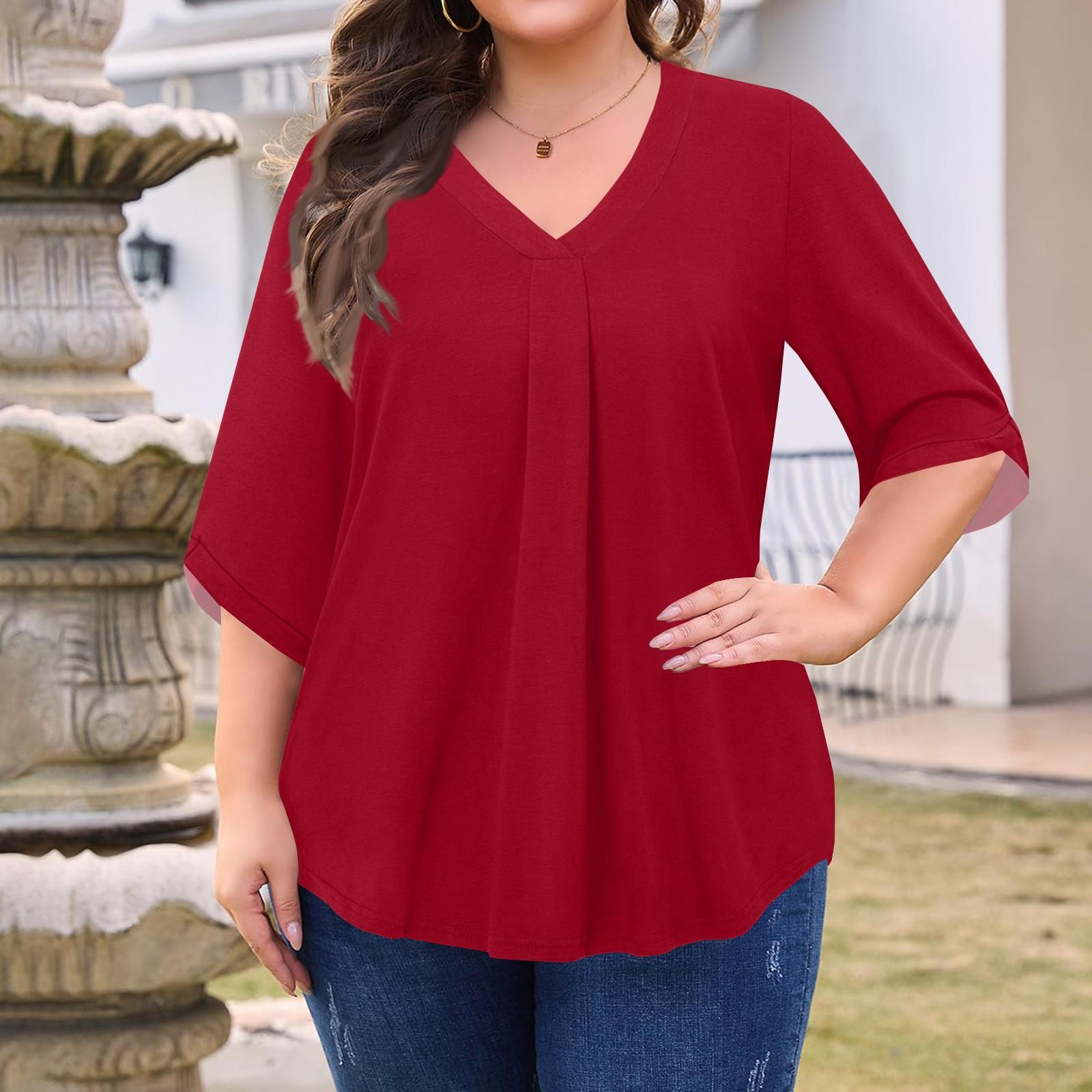 

Women s Fashion Large Size Solid Color V-Neck Three-quarter Sleeve Top S