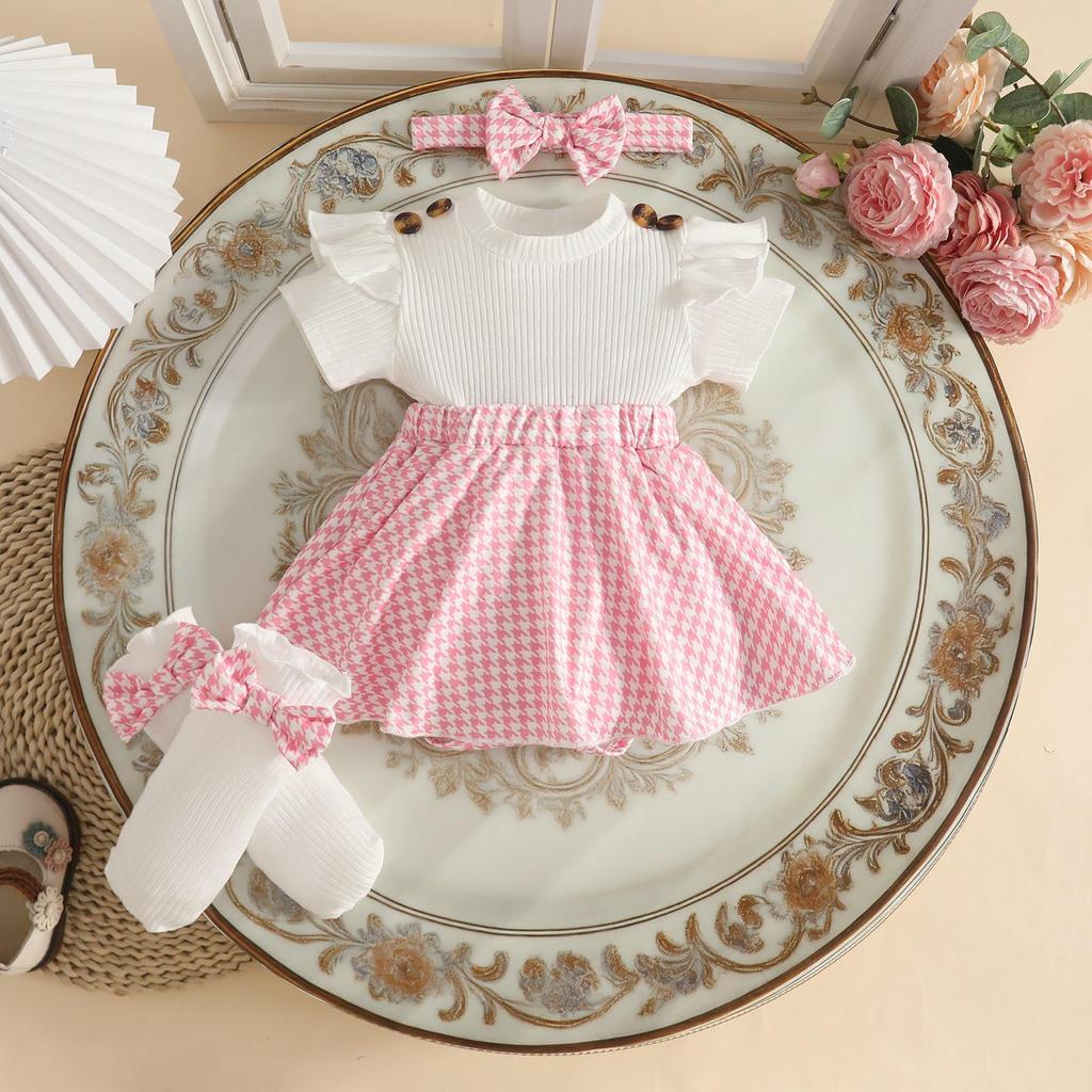 2026 Grenzüberschreitendes Niedliches Sommer-Kleinkindkleid-Set: Kleid mit Puffärmeln im Hahnentrittmuster, Socken und Kopfbedeckung