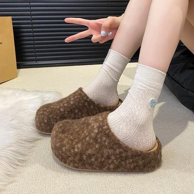Herbst Winter Damen Schaffell Pantoletten Hausschuhe Dicke Sohle Haar Umwickelter Kopf Bequeme Schuhe Modische Slip-On Stiefel