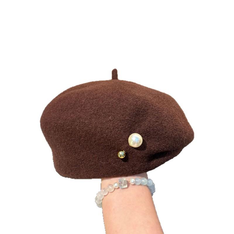 High Quality Light Luxury Irregular Wool Beret Winter Warm Slim Face Pearl Painter Hat
