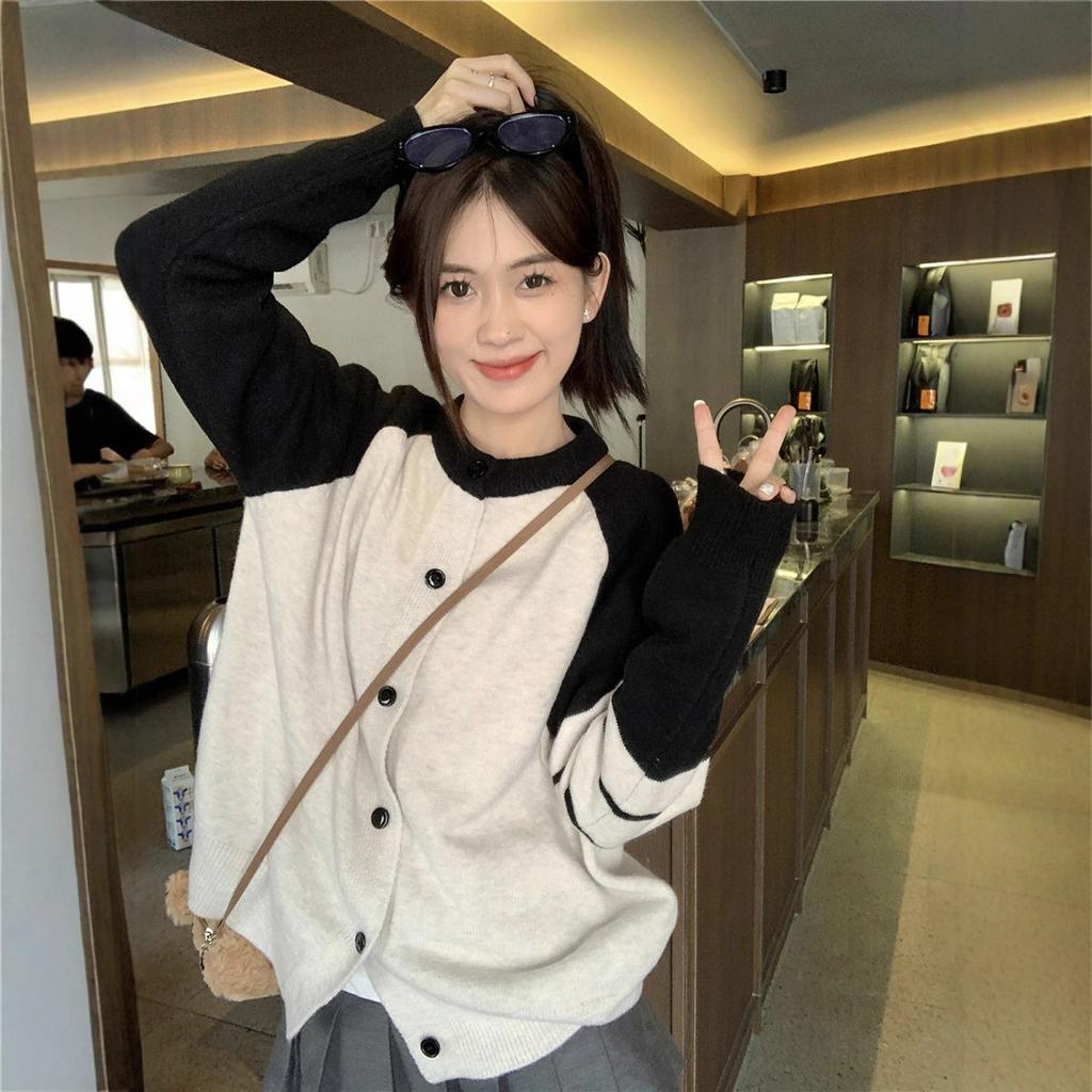 College style long-sleeved contrasting color splicing knitted sweater women's clothing autumn loose age-reducing cardigan versatile jacket