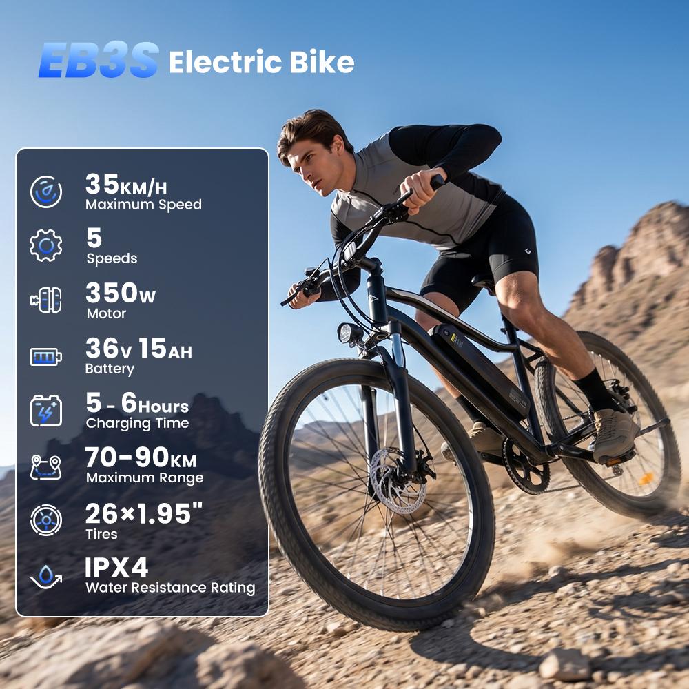 EB3S Electric Bike 250W 13.5Ah 26'' E-Bike Front Suspension Dual Disc Brakes Voltix APP 5-Speed 6-25KM/H Adult Electric Bicycle