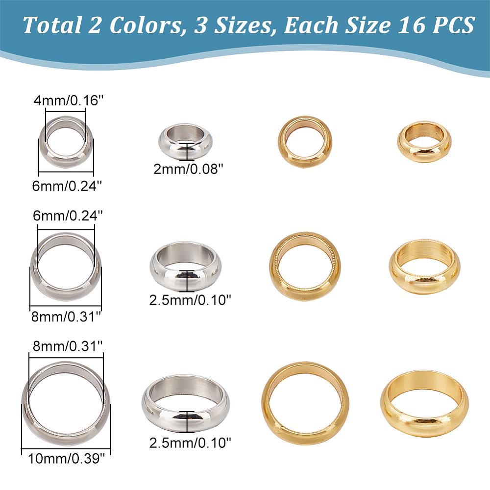 96Pcs 6 Styles 201 Stainless Steel Spacer Beads Flat Round/Ring Mixed Color 6~10x2~2.5mm Hole: 4~8mm 16pcs/style
