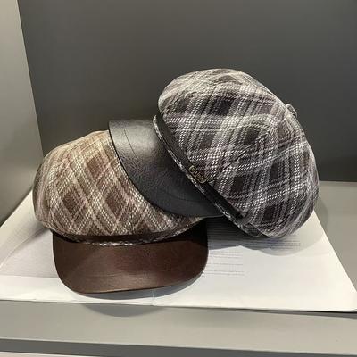 Retro Rhombus Octagonal Hat Autumn and Winter Temperament  British Style Newsboy Hat  Small Duck Tongue Beret  Female Painter Hat