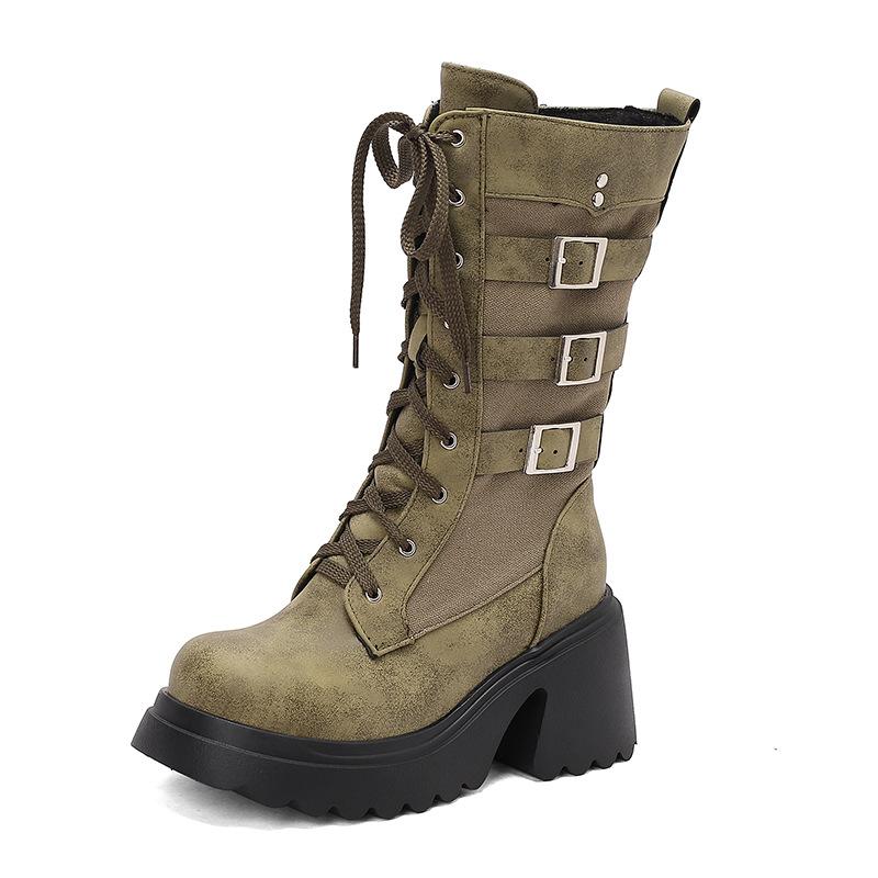 Hebilla de Cinturón de Metal Tubo Mediano Botas de Moda Suela Gruesa Muffin Botas Casuales Botas Martin Talla Grande 40-45 Botas
