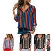 Elegant Women Autumn Striped Floral Button V Neck Long Sleeve T Shirt Casual Blouse