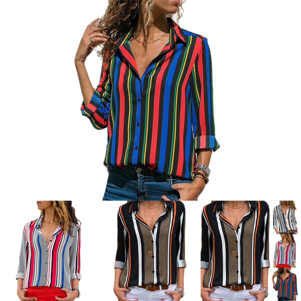 Elegant Women Autumn Striped Floral Button V Neck Long Sleeve T Shirt Casual Blouse