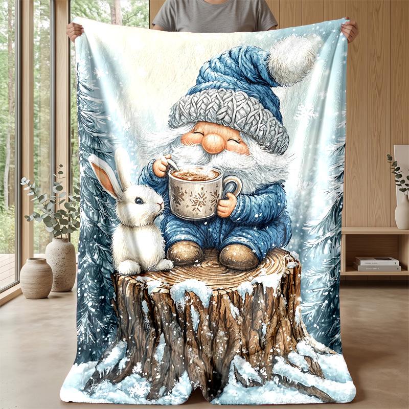 Snowy Gnome with Hearts Theme Blanket Lightweight Warm Flannel Blanket Decorative Throw Blanket for Home Decoration