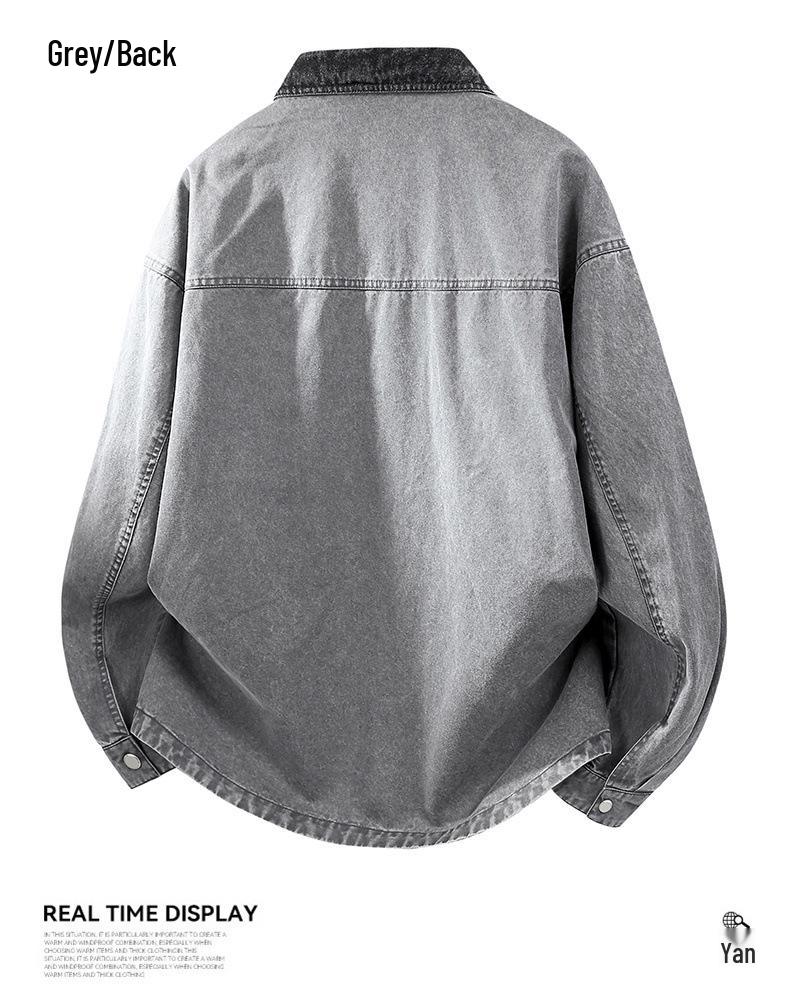 Men's Spring 2026 Retro Washed Cotton Jacket with Patchwork Lapel - Casual Trendy Outerwear